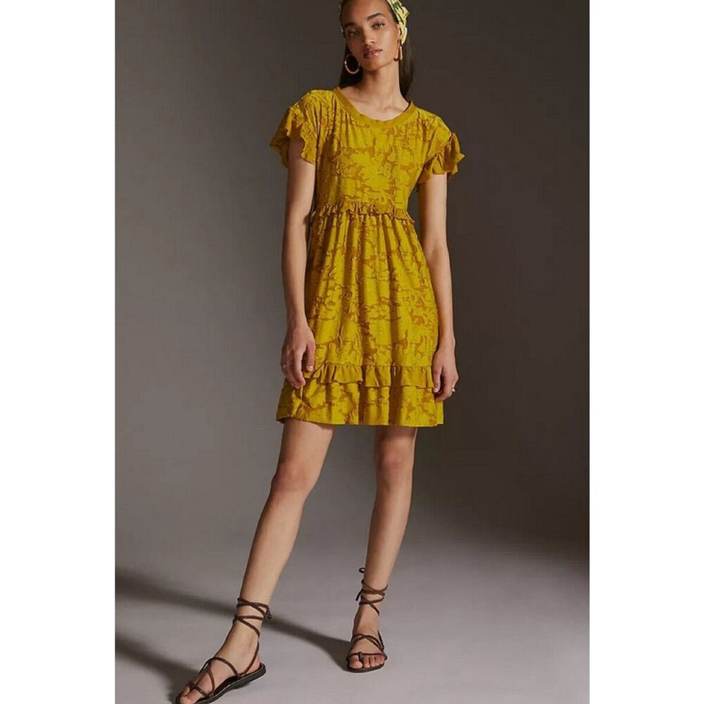 Anthropologie Playful Ruffle Mini Dress Mustard  Chartreuse M